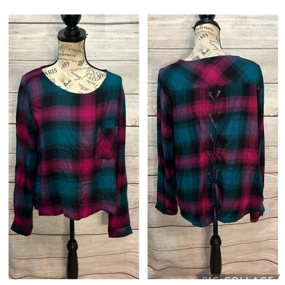 Cloth & Stone Flannel Shirt Lace-Up Back NWT Plaid Chest Pocket Size Large - Picture 1 of 12